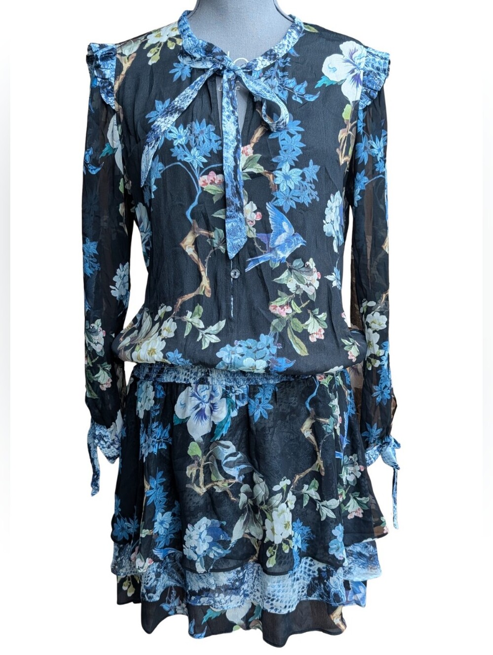 Hale Bob Silk Chiffon Tiered Floral Mini Dress Semi-Sheer Medium